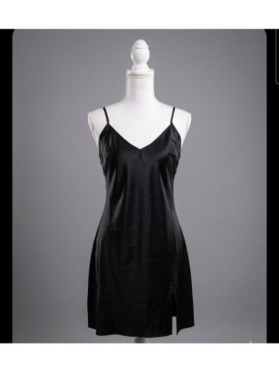Ladaire Dresses & Skirts - Ladaire Black Silk/Spandex Slip Chemise Short Dress Minimalist Side Slit Women S